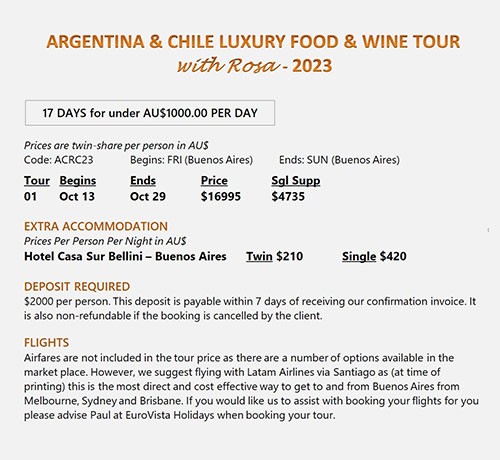 Argentina & Chile Luxury Food & Wine Tour with Rosa Price